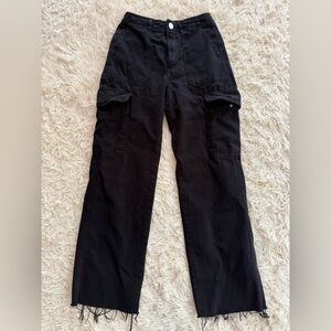 Zara Women Black Cargo Combat Pants SZ 0 raw hem cotton high rise zip up